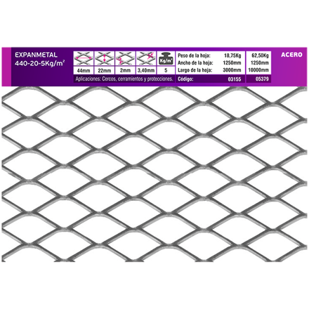 Imagen de EXPANMETAL acero 1.25 x3.00 mt. 440.20 5.00 kg/m2 cod.03155