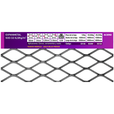 Imagen de EXPANMETAL acero 1.50 x3.00 mt. 500.32 6.50 kg/m2 cod.03135