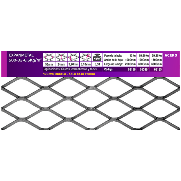Imagen de EXPANMETAL acero 1.50 x3.00 mt. 500.32 6.50 kg/m2 cod.03135