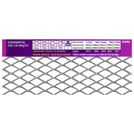 Imagen de EXPANMETAL acero 1.00 x3.00 mt. 250.16 4.00 kg/m2 cod.02639