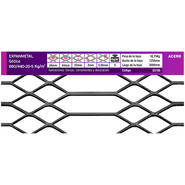 Imagen de EXPANMETAL acero 1.25x3.00mt. gotico 880/440-20 5k/m2 cod.3195
