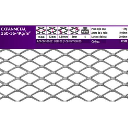 Imagen de EXPANMETAL acero 1.00 x3.00 mt. 250.16 4.00 kg/m2 cod.02639