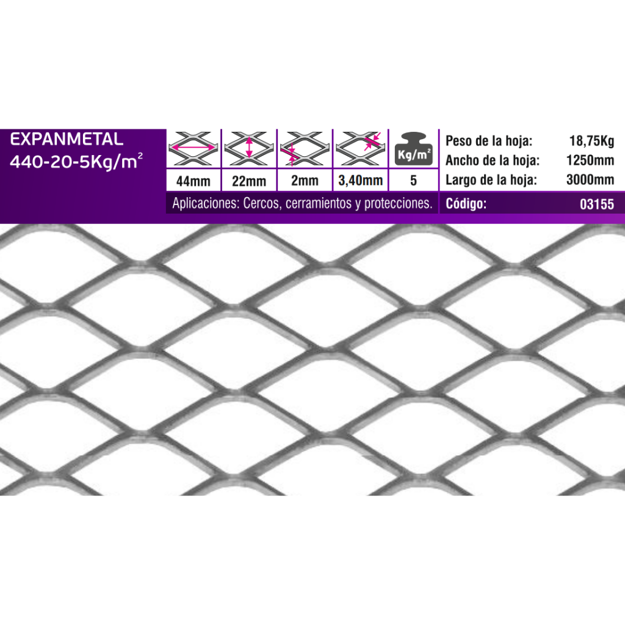 Imagen de EXPANMETAL acero 1.25 x3.00 mt. 440.20 5.00 kg/m2 cod.03155