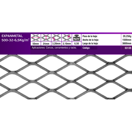 Imagen de EXPANMETAL acero 1.50 x3.00 mt. 500.32 6.50 kg/m2 cod.03135
