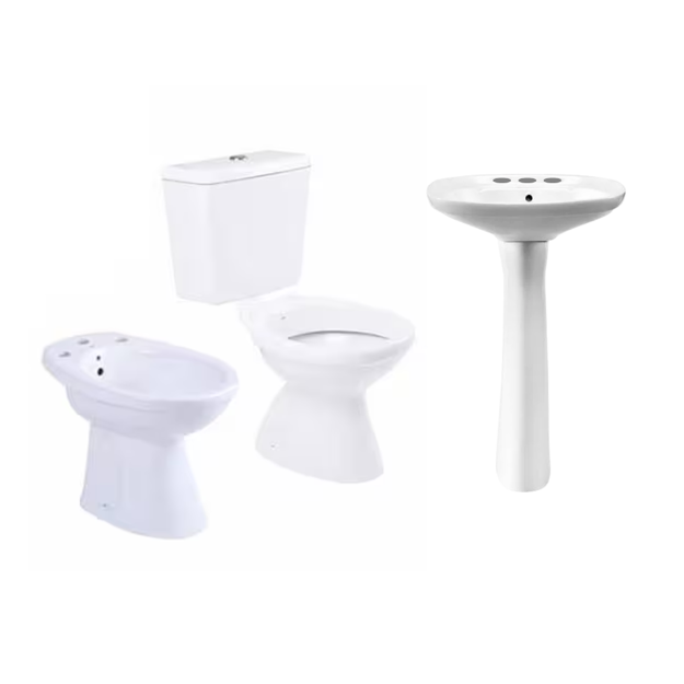 Imagen de Juego baño Capea Italiana bidet + inodoro corto + mochila colgar + columna + lavatorio gde 3A.