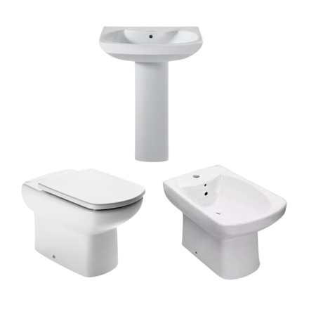 Imagen de Juego baño Dama Senso 4 piezas inodoro corto + asiento + bidet y lavatorio 1ag + columna