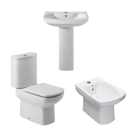 Imagen de Juego baño Dama Senso 5 piezas inodoro largo + lavatorio y bidet 1 ag + asiento