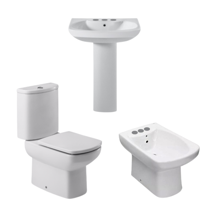 Imagen de Juego baño Dama Senso 5 piezas inodoro largo + lavatorio y bidet 3 ag + asiento 