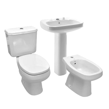 Imagen de Juego baño Monaco 5 piezas inodoro largo + depósito+ asiento+ lavatorio y bidet 1 ag+ columna