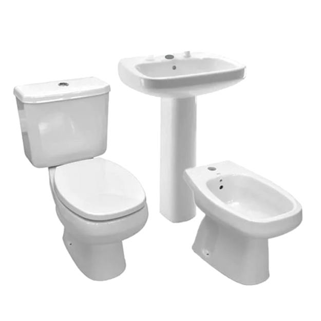 Imagen de Juego baño Monaco 5 piezas inodoro largo + depósito+ asiento+ lavatorio y bidet 1 ag+ columna