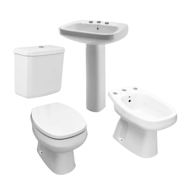 Imagen de Juego Baño Monaco 5 piezas  inodoro corto + deposito + bidet y lavatorio 3ag + columna + asiento